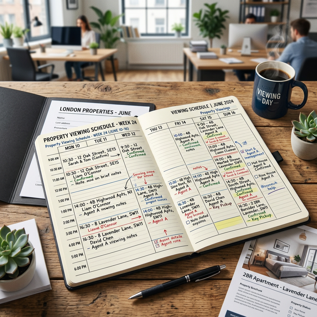 Open planner showing detailed property viewing schedule for June with times, addresses, and agent notes